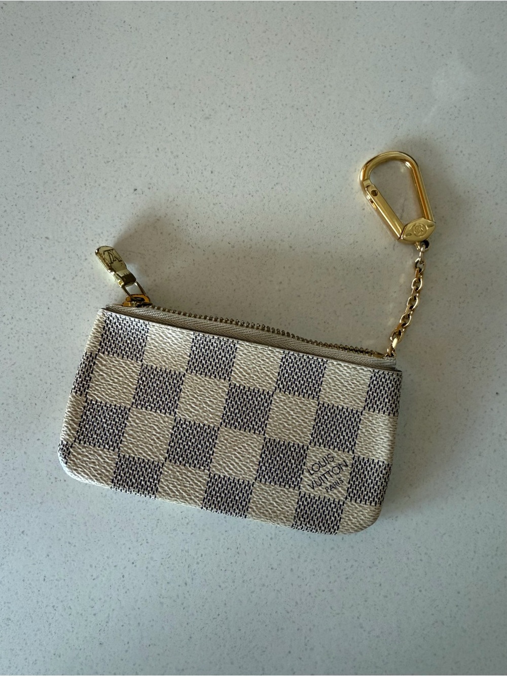 Louis Vuitton Cream & Navy Checker Key Pouch with Gold Chain